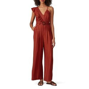 Three Floor Margaux Jumpsuit Rust Striped One-Shoulder Ruffle Belted Size 4